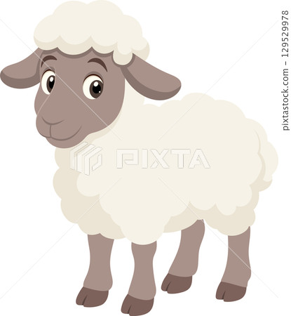 Cartoon depiction of a fluffy sheep standing on its four legs, set against a solid black background. 129529978
