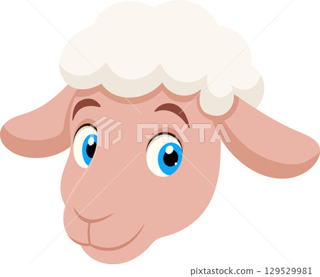 Cartoon-style illustration of a sheep's head with big blue eyes and fluffy white wool, isolated on black. 129529981