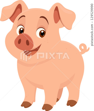 Smiling cartoon pig with a curly tail, pink skin, and brown hooves. Cheerful farm animal illustration. Smiling cartoon pig with a curly tail, pink skin, and brown hooves. Cheerful farm animal illustration. 129529990