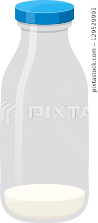 Simple graphic of a glass bottle with a small amount of white liquid and a blue lid. Clean design. Simple graphic of a glass bottle with a small amount of white liquid and a blue lid. Clean design. 129529991
