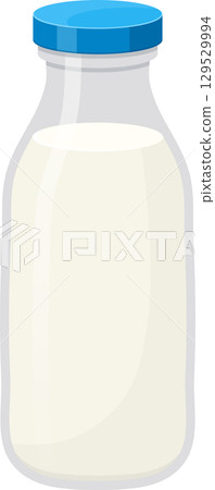 Glass bottle with milk, sealed with a blue cap, showcasing a classic and pure dairy image. Freshness. 129529994