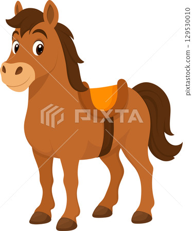 A charming cartoon horse stands saddled, ready for a child's imaginative adventure or western storytime. 129530010