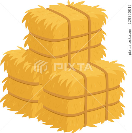 Stack of hay bales tied with twine, golden and ready for harvest, symbol of agriculture and rural life. 129530012