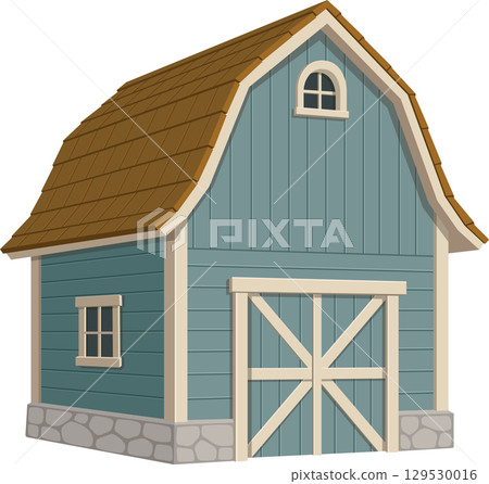 Charming blue barn with brown roof and wooden doors. A quaint agricultural structure in cartoon style. Charming blue barn with brown roof and wooden doors. A quaint agricultural structure in cartoon style. 129530016