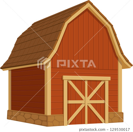 Charming barn illustration with rustic appeal, featuring a gable roof and wooden plank design. 129530017