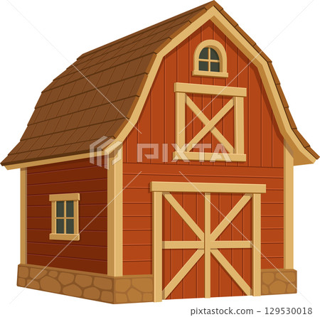 Cartoon farm barn with a gable roof, red siding, and tan trim. Classic barn illustration. Cartoon farm barn with a gable roof, red siding, and tan trim. Classic barn illustration. 129530018