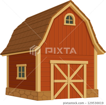 Charming cartoon barn with red siding, brown roof, and a classic rural design is set against black background. 129530019
