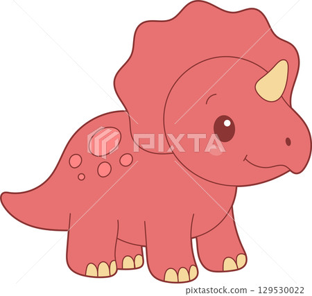 Cartoon illustration of a cute, pink triceratops dinosaur with cream-colored horn on a black background. Cartoon illustration of a cute, pink triceratops dinosaur with cream-colored horn on a black background. 129530022