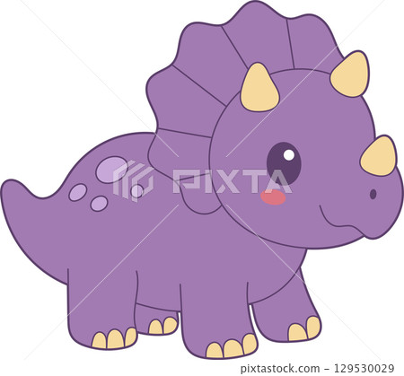 Cute cartoon Triceratops with a purple body and yellowish horns and hooves standing on a black background. 129530029