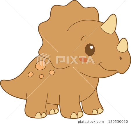Friendly cartoon Triceratops dinosaur with a cheerful expression and cute design elements on a black background. 129530030