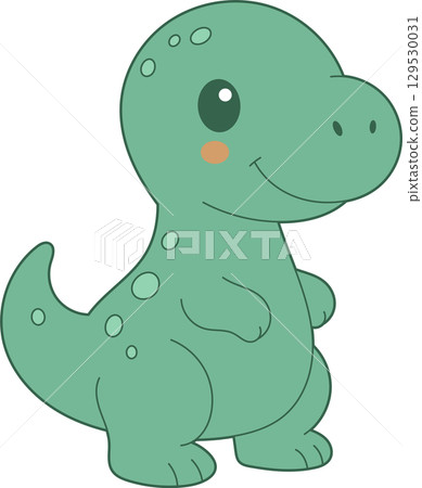 Cute cartoon dinosaur, smiling with big eyes and a round body, isolated on a black background. 129530031