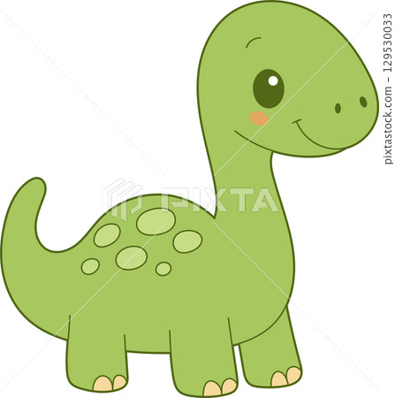 Cute green cartoon dinosaur with spots and a friendly smile isolated on a black background. Cute green cartoon dinosaur with spots and a friendly smile isolated on a black background. 129530033