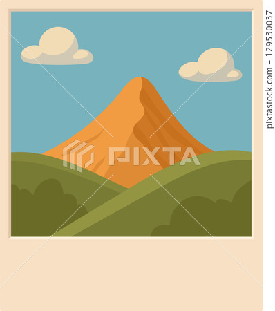 A mountain rises beyond green hills under a blue sky with fluffy white clouds, all in a retro style. 129530037