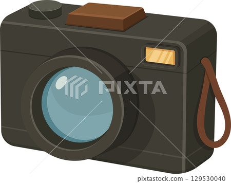 Classic Camera: A vintage-style camera with a lens, flash, and strap for capturing memories. Classic Camera: A vintage-style camera with a lens, flash, and strap for capturing memories. 129530040