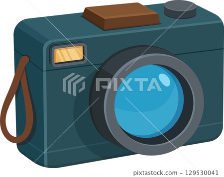 A vintage-style camera illustration with a large lens, strap and flash, evokes nostalgia and classic photography A vintage-style camera illustration with a large lens, strap and flash, evokes nostalgia and classic photography 129530041