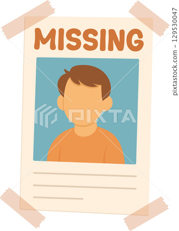 Cartoon poster with the word "Missing" and a drawing of a child. Taped to a wall. Lost person sign. 129530047
