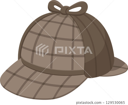 A brown hat with flaps on the sides, a brim, and a grid design, accessorized with a ribbon bow on top. A brown hat with flaps on the sides, a brim, and a grid design, accessorized with a ribbon bow on top. 129530065