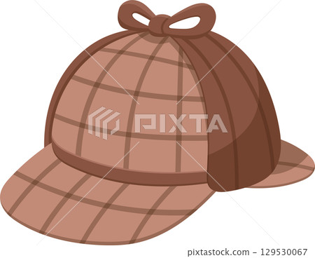 A brown tweed deerstalker hat with a checkered pattern and a ribbon tied at the top, against a black background. 129530067