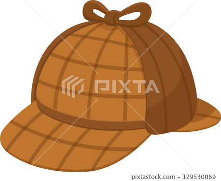 Brown tweed hat with ear flaps and a tied bow, often associated with detectives and mystery solving. Brown tweed hat with ear flaps and a tied bow, often associated with detectives and mystery solving. 129530069