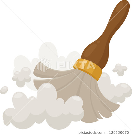 Cartoon illustration of a feather duster with dust clouds around it on a black background. 129530070