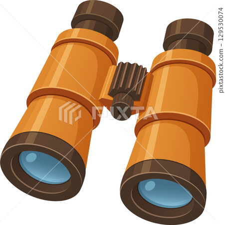 A pair of orange binoculars, with blue lenses, used for viewing objects from a distance. 129530074