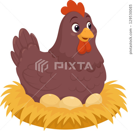 Hen sitting on nest with eggs. Illustration of nesting hen on a transparent background. 129530085