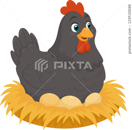 Hen sitting on a nest of eggs. Cartoon illustration of a mother hen protecting her eggs. 129530086
