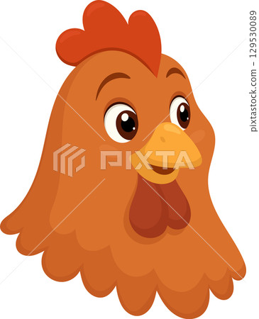Cartoon chicken head with orange plumage, a red comb, and a yellow beak, isolated on black background. 129530089