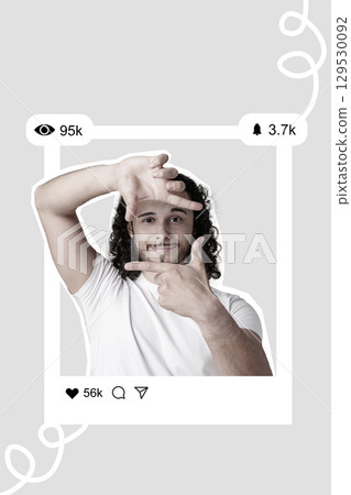 Creative man using hand gestures to frame focus in casual indoor setting during bright daylight hours 129530092