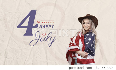 Celebrating Independence Day with a joyful spirit while wrapped in the American flag at a festive gathering during summer 129530098