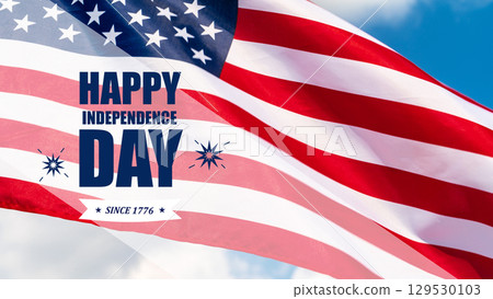 Celebrating Independence Day with the American flag waving against a bright sky backdrop, symbolizing freedom and patriotism 129530103