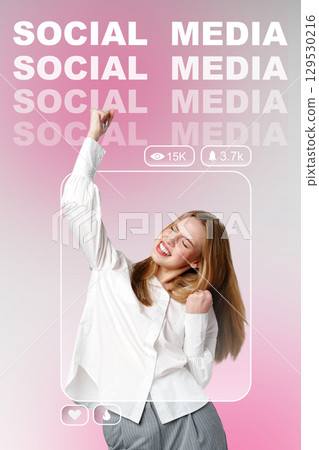 Person expressing joy in a social media frame with vibrant background and engagement statistics shown Person expressing joy in a social media frame with vibrant background and engagement statistics shown 129530216
