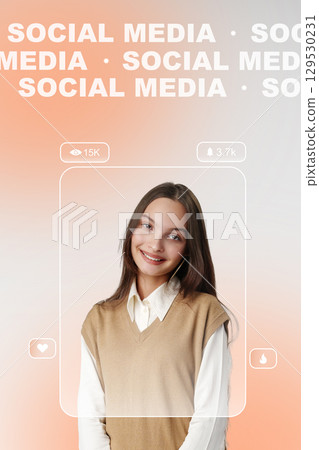 Young Woman Wearing a Brown V-Neck Sweater Vest Over a White Shirt and Beige Pants 129530231