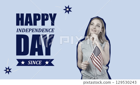 Celebrating Independence Day with a woman holding a small flag in a festive setting 129530243