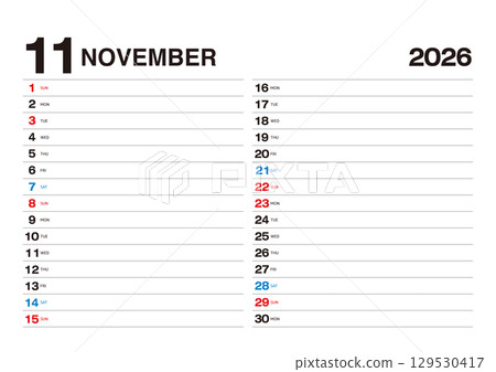 A calendar for November 2026 that allows you to write in your plans A calendar for November 2026 that allows you to write in your plans 129530417