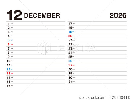 A calendar for December 2026 that allows you to write in your plans A calendar for December 2026 that allows you to write in your plans 129530418