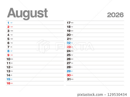 A calendar for August 2026 that allows you to write in your plans A calendar for August 2026 that allows you to write in your plans 129530434