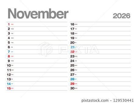 2026 年 11 月的日曆,讓您寫下計劃 2026 年 11 月的日曆,讓您寫下計劃 129530441