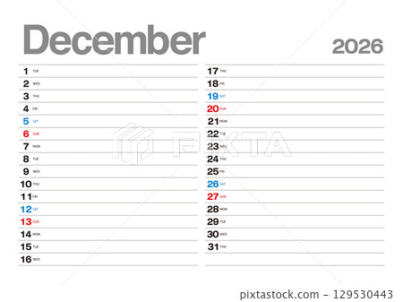 A calendar for December 2026 that allows you to write in your plans A calendar for December 2026 that allows you to write in your plans 129530443