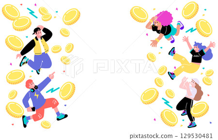 流行多彩的年輕人趣味插畫|硬幣舞動跳躍 流行多彩的年輕人趣味插畫|硬幣舞動跳躍 129530481