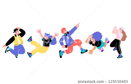 Pop and colorful fun illustrations of young people dancing and jumping 129530483