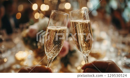 婚禮招待會上用閃亮的香檳杯祝酒 129530524