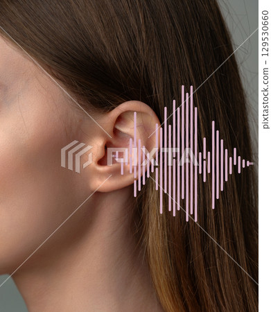 Close-up of a woman's ear alongside a sound wave illustration demonstrating audio perception 129530660