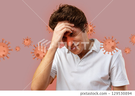 Young man experiencing stress and confusion about health issues related to a virus outbreak in a modern graphic design 129530894