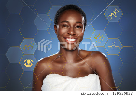 Smiling woman with glowing skin showcases beauty and skincare elements in a studio setting Smiling woman with glowing skin showcases beauty and skincare elements in a studio setting 129530938