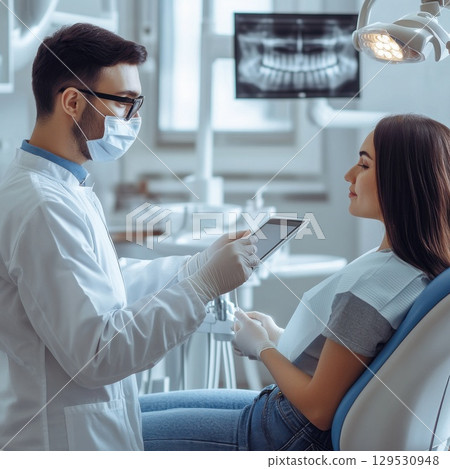 A calm and professional scene in a modern dental clinic, where a dentist is consulting with a patient 129530948