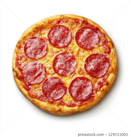 Pepperoni pizza with melted cheese on white background. 129531003