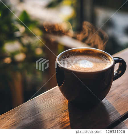 Steaming coffee cup on wooden table in sunlight. 129531026