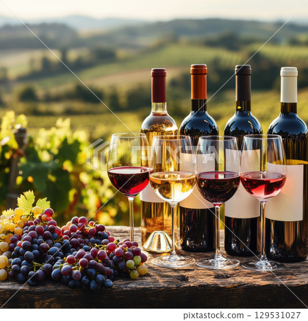 Wine bottles and glasses with grapes in vineyard setting 129531027