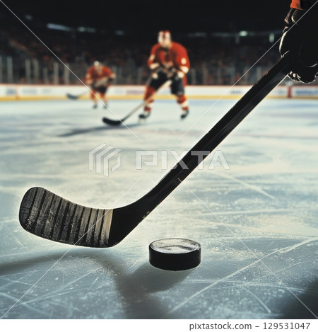 Close-up of hockey stick and puck on ice during a game 129531047